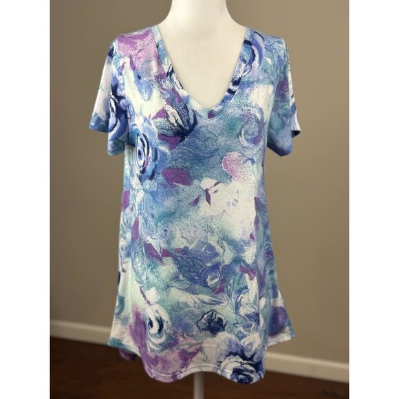 NEW LuLaRoe Womens Knit Tunic Top S Short Sleeve Blue Pink Floral Scoop Neck - Picture 1 of 9